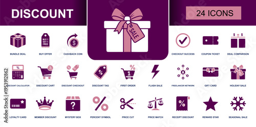 Discount icon set. Containing coupon ticket, cashback, flash sale, gift card, loyalty card, price match, checkout, reward star and more. Solid fill vector icons collection for retail sales.