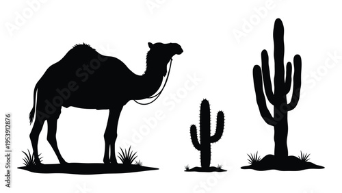 A black silhouette depicts a camel standing near desert cacti and sparse vegetation