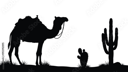 A silhouetted camel with a saddle stands near a saguaro cactus in a desert landscape