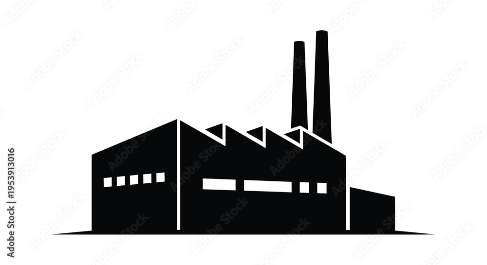 Naklejka premium A stark black silhouette depicts an industrial factory building with two prominent smokestacks high quality
