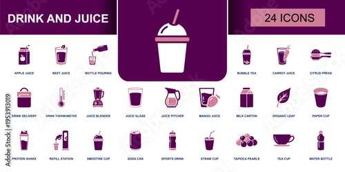 Drink and juice icon set. Containing apple juice, bubble tea, carrot juice, citrus press, smoothie cup, soda can, tea cup, water bottle and more. Solid fill vector icons collection.