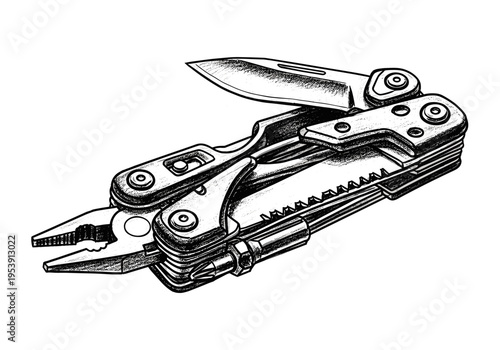 Detailed illustration of a versatile multi-tool with pliers, knife, and saw blade