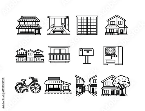 Japan residential lifestyle: Japanese house with tiled roof, tatami room interior, sliding shoji door, small urban house, neighborhood houses row, apartment balcony, mailbox post