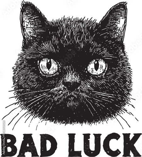 A tattoo stencil design featuring a vector illustration of a black cat’s head with the words “BAD LUCK” roughly handwritten on it.