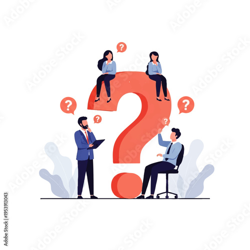 Flat design illustration of people sitting on and around a giant question mark in a vector graphic with a minimalist style and a clean white background.