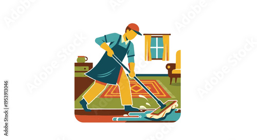 Person cleaning floor with mop interior scene flat vector illustration