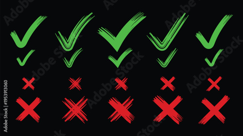 Set of hand drawn green check mark, red cross and black background. professional success and failure symbols, minimalist vector, green checkmark isolated on white.  vector  illustration.    
