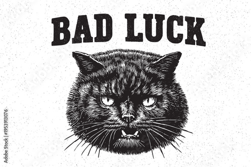A tattoo stencil design featuring a vector illustration of a black cat’s head with the words “BAD LUCK” roughly handwritten on it.