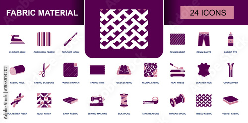 Fabric material icon set. Containing denim, tweed, velvet, fleece, satin, floral fabric, thread spool, sewing machine, zipper, tape measure and more. Solid fill vector icons collection.