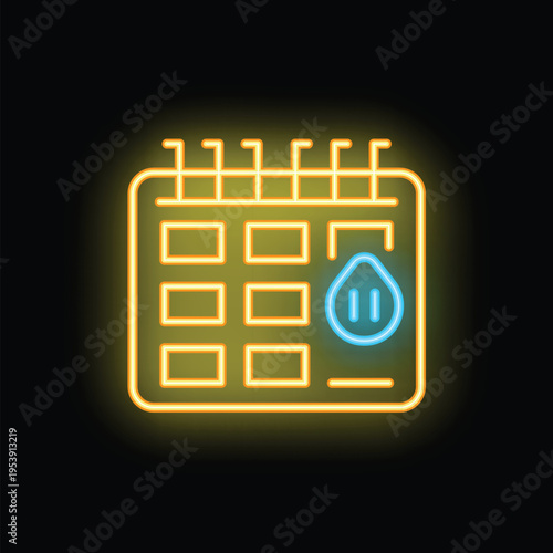 Menstrual cycle period tracking concept with calendar and drop symbol in neon style