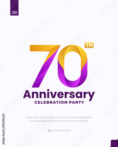 70th anniversary celebration party yellow purple gradient logo poster template