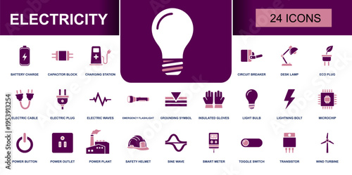 Electricity icon set. Containing battery charge, charging station, electric plug, light bulb, lightning bolt, smart meter, power plant, microchip and more. Solid fill vector icon collection.