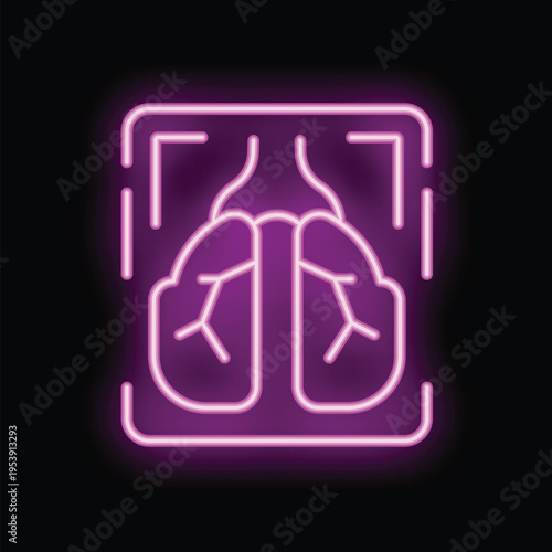Purple neon icon of human lungs x ray glowing on dark background, suitable for healthcare mobile apps and websites