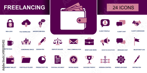 Freelancing icon set. Containing client chat, portfolio folder, proposal document, payment wallet, workflow gear, success trophy, writing pen and more. Solid fill vector icons collection.