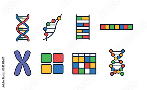 Genetic code biology: DNA double helix strand, RNA single strand, nucleotide base pair ladder, gene sequence strip, chromosome X shape, DNA base letters blocks, genetic code table