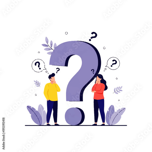 Flat design illustration of a man and woman standing beside a large purple question mark with thought bubbles, surrounded by leaves on a white background, in a vector style.