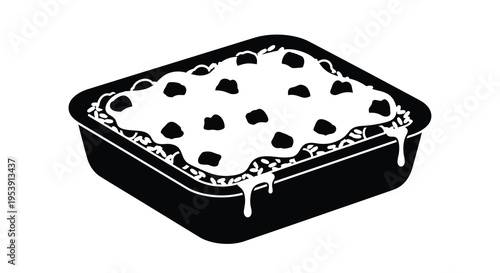 A black and white illustration depicts a rectangular baking dish filled with a bubbly textured dessert