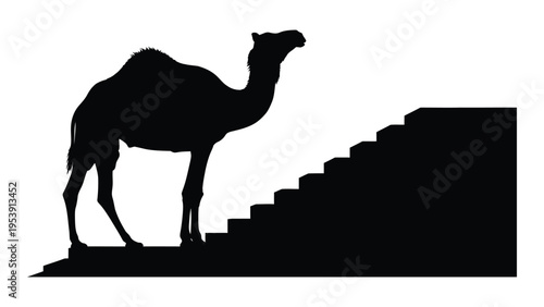 A silhouette of a camel stands near a set of black stairs against a white background