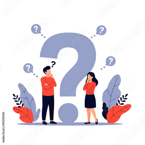 Flat design illustration vector of a man and woman thinking with a large question mark and query bubbles in a minimalistic style.