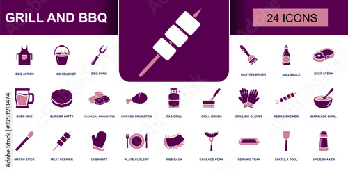 Grill and BBQ icon set. Containing BBQ apron, basting brush, beef steak, burger patty, gas grill, kebab skewer, ribs rack, spatula tool and more. Solid fill vector icons collection.