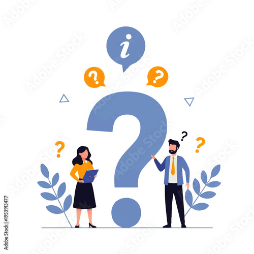 Flat design illustration vector of a man and woman with question marks and an info symbol in a graphic design composition.