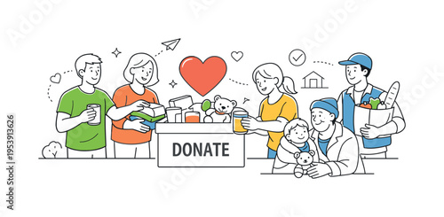 A nonprofit and donation concept showing individuals contributing resources and support to those in need within a structured environment, using a donation box and a single heart