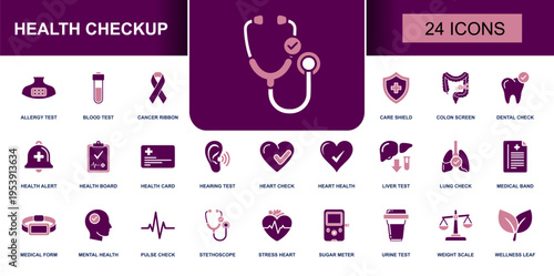 Health checkup icon set. Containing blood test, heart check, dental check, hearing test, lung check, sugar meter, allergy test, wellness and more. Solid fill vector icons collection.