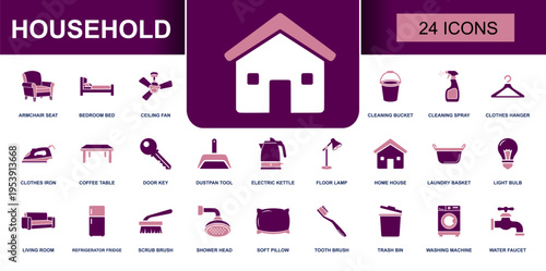 Household icon set. Containing armchair, bedroom bed, cleaning spray, clothes iron, electric kettle, laundry basket, washing machine, water faucet and more. Solid fill icons collection.