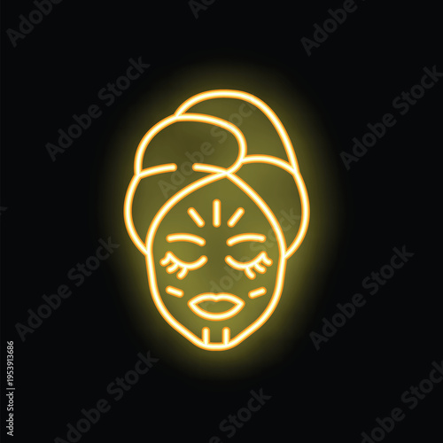 Neon style icon of a woman wearing a cosmetic face mask with her eyes closed, ideal for beauty and wellness themes