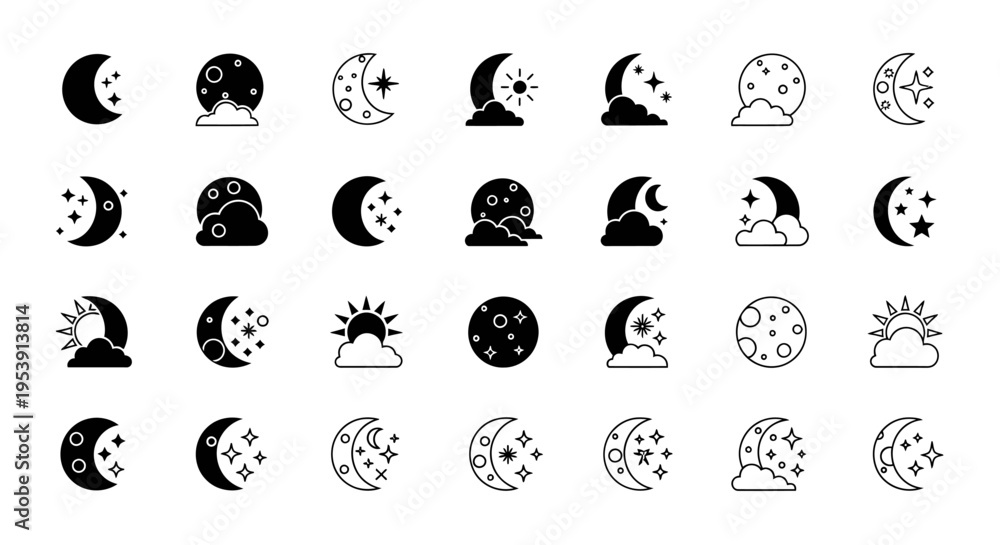 Fototapeta premium Minimalist flat vector illustration set of moon and night sky icons arranged in a clean grid layout.