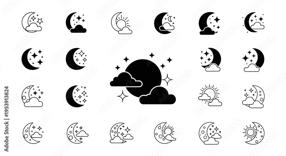 Obraz premium Minimalist flat vector illustration set of moon and night sky icons arranged in a clean grid layout.