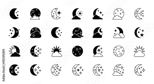 Minimalist flat vector illustration set of moon and night sky icons arranged in a clean grid layout.