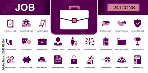 Job icon set. Containing career ladder, hiring handshake, interview, onboarding, salary, benefits, mentorship, portfolio, promotion, training and more. Solid fill vector icons collection.