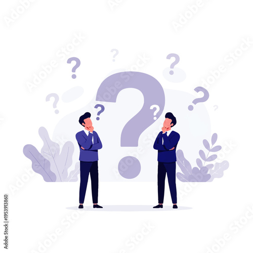Flat design illustration of two men in blue suits standing thoughtfully with question marks around a large purple query mark on a white background, conveying confusion.