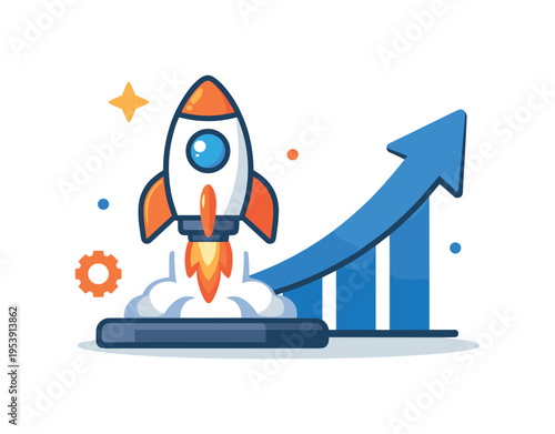 Startup launch representing the exciting beginning of a new business venture and innovative idea entering the market, a small rocket lifting upward from a simple platform beside a