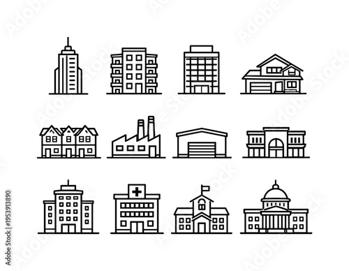 City buildings and urban architecture: skyscraper, apartment building, office building, house, townhouse, factory building, warehouse building, shopping mall building, hotel
