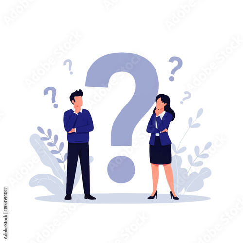 Flat design illustration vector of a man and woman standing beside a large question mark with puzzled expressions in a minimalist style.