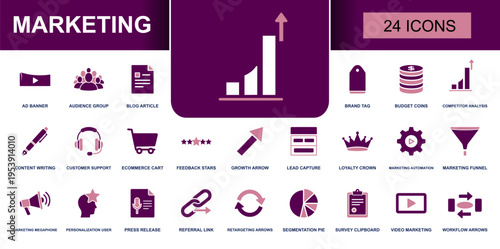 Marketing icon set. Containing ad banner, audience group, brand tag, lead capture, referral link, survey clipboard, video marketing and more. Clean solid fill vector icons collection.