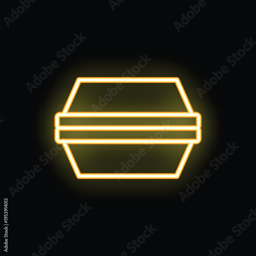Neon sign of a clamshell take away food container glowing on a black background