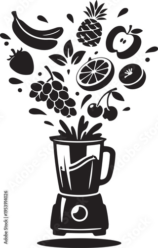 Smoothie silhouette of blender with fruits flying out, vibrant health theme.