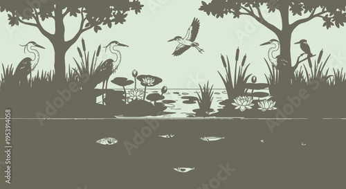 Heron Birds Flying and Standing by Pond.