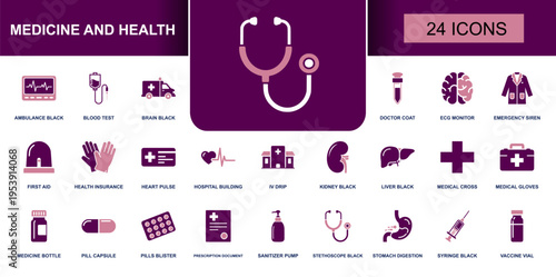 Medicine and health icon set. Containing ambulance, blood test, ECG monitor, hospital, first aid, stethoscope, syringe, pills, vaccine and more. Solid fill vector icons collection.