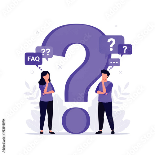 Flat design illustration vector of a man and woman standing thoughtfully beside a large purple question mark with FAQ and question speech bubbles in a minimalist style.