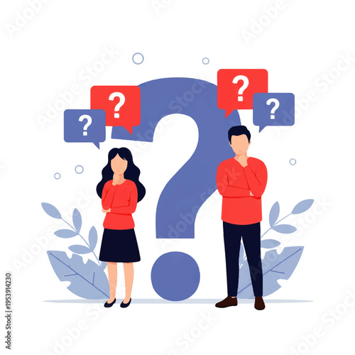 Flat design illustration of a man and woman standing beside a large question mark with speech bubbles in a vector style against a white background.