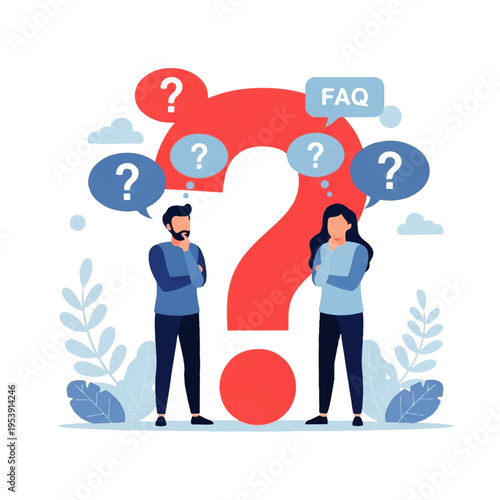 Flat design illustration vector of two people standing thoughtfully with a large question mark and FAQ symbols around them in a stylized graphic.