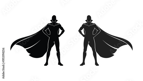 Two silhouetted superhero figures stand in a dynamic powerful pose ready for action