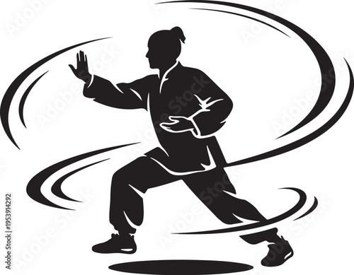 Tai chi silhouette of elder in flowing motion, balanced chi lines.