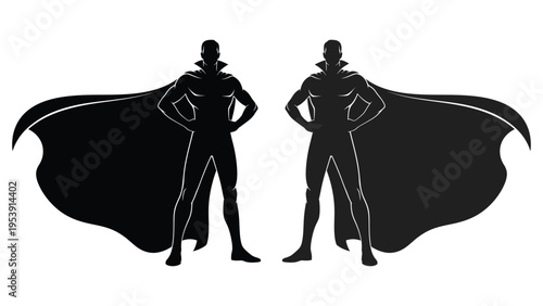 Two silhouettes of a superhero with a flowing cape standing in a powerful pose