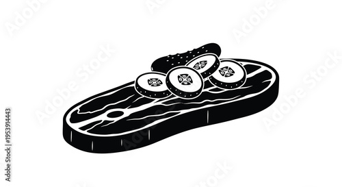 A black and white illustrative depiction of steak with sliced cucumbers arranged on top