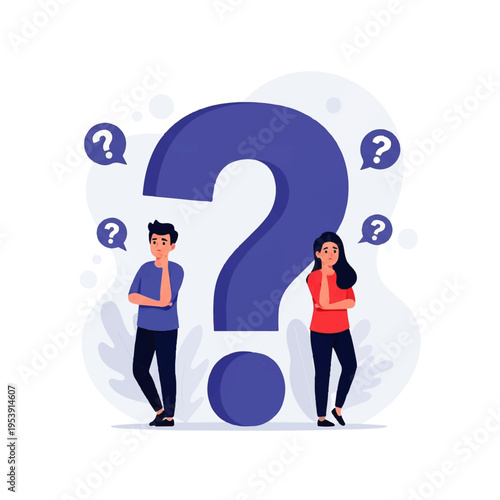 Flat design illustration of a man and woman standing thoughtfully beside a large question mark with speech bubbles in a vector style against a clean white background.